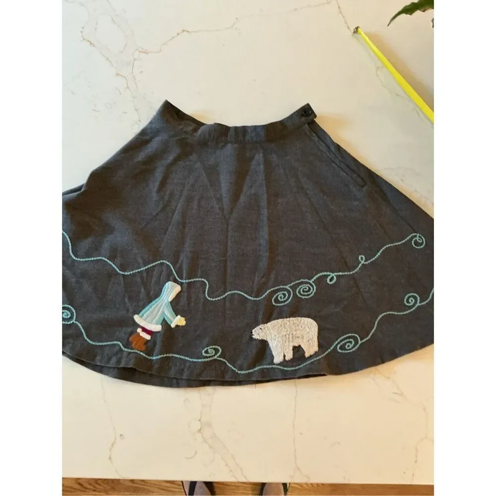 Vintage Gap Kids Gray Swirl Skirt Sz 14 Embroidered Polar Bear Person